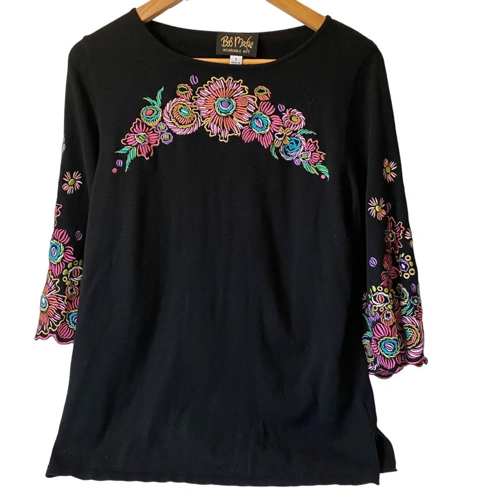 Bob Mackie‎ Wearable Art long sleeve shirt embroidered flowers bright colors S